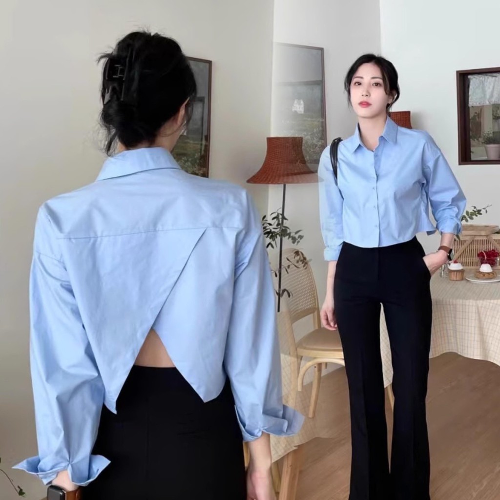 W411 เสื้อเชิ้ตแขนยาวผู้หญิงสไตล์แยกดีไซน์เฉพาะกลุ่ม | Shopee Thailand