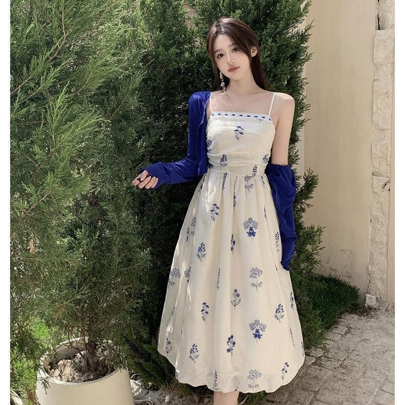 X-ORANGE [ชุดสูทสองชิ้น] French Sling Flower Bud Dress+แจ็คเก็ตขนาดเล็ก ...