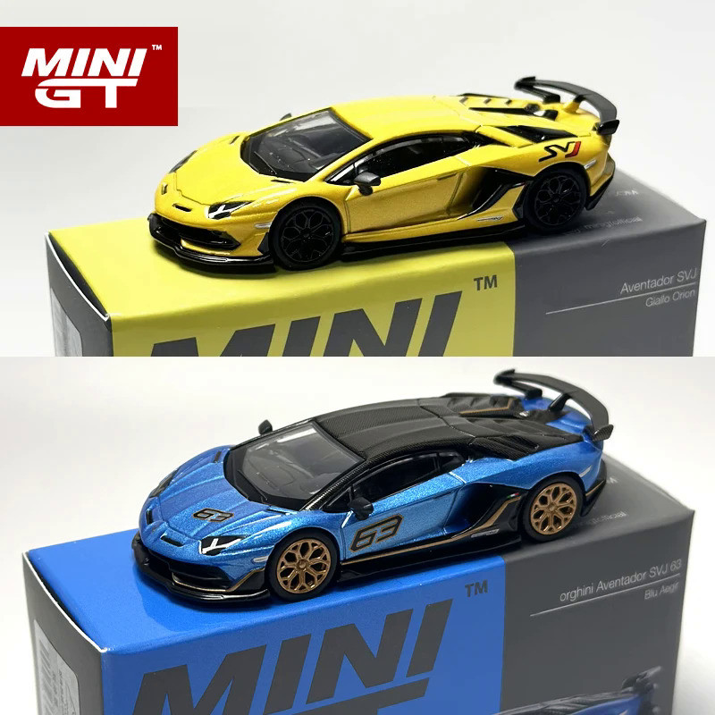 MINI GT 1:64 Aventador SVJ 63 Blue Giallo Orion Yellow alloy car model ...