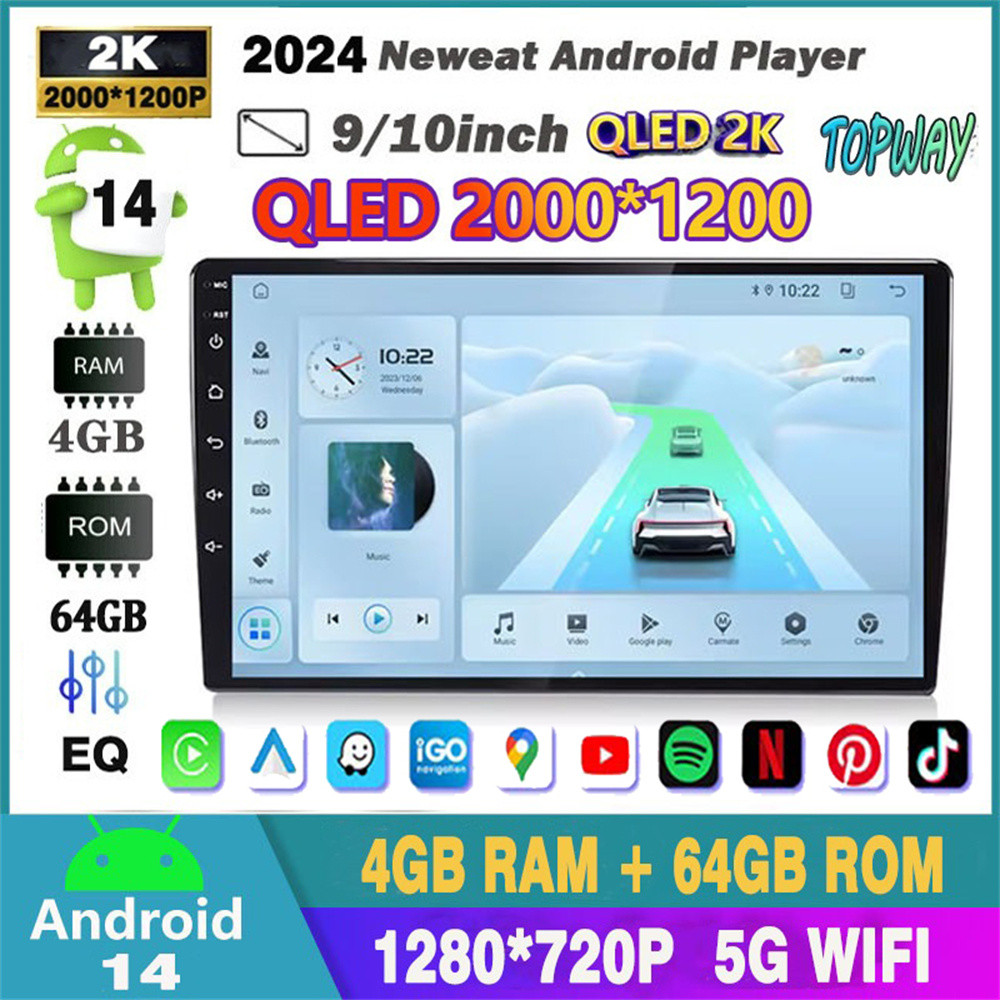 Android 14 QLED 2Kหน้าจอสัมผัส2dinรถสเตอริโอAndroid Player 9/10นิ้ว ...