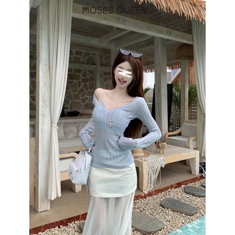 Moses Queen สีทึบเซ็กซี่สบายๆแขนยาว 2025 ฤดูร้อนใหม่ V คอ T เสื้อเซ็ก ...