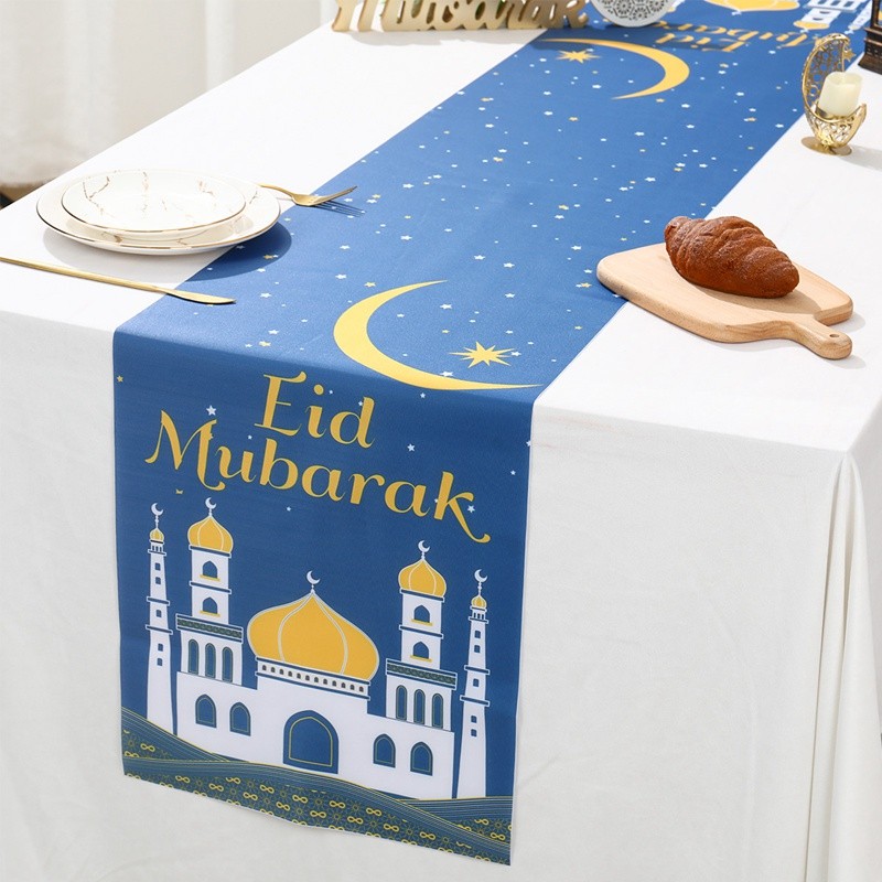 180*35 ซม.สีฟ้าทอง EID โพลีเอสเตอร์ตารางรอมฎอนตกแต่งสําหรับบ้านปราสาท ...