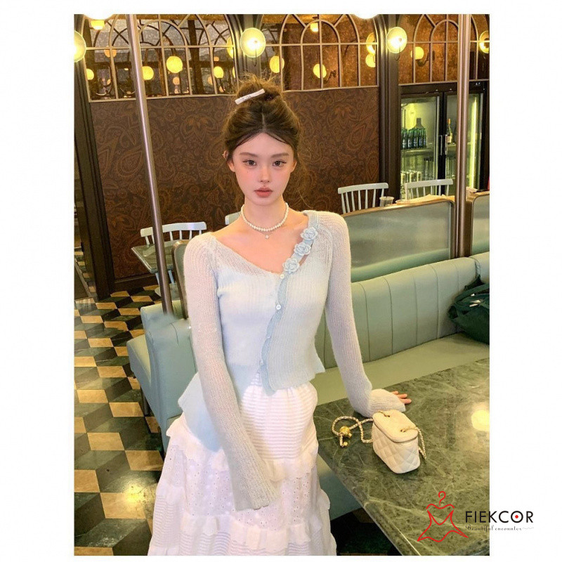 คาร์ดิแกนผ้าไหมน้ำแข็งสำหรับผู้หญิง สไตล์เกาหลี คอวีขอบลูกไม้ กันแดด ...