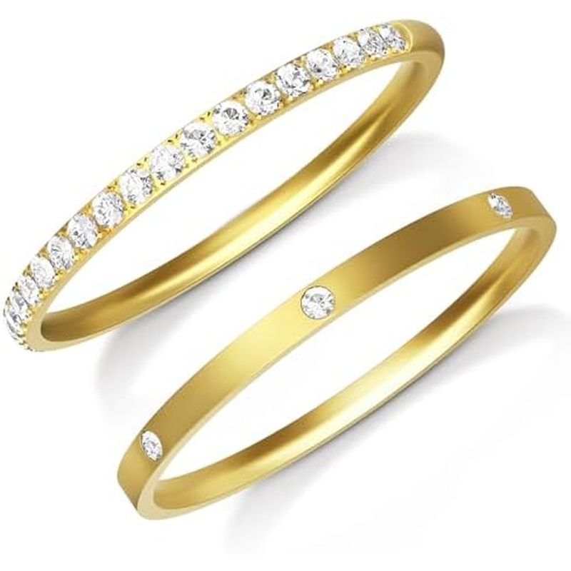 แหวน stacking 2 วง เคลือบ 14K กับ cubic zirconia จำลองเพชร สำหรับ Oura ...