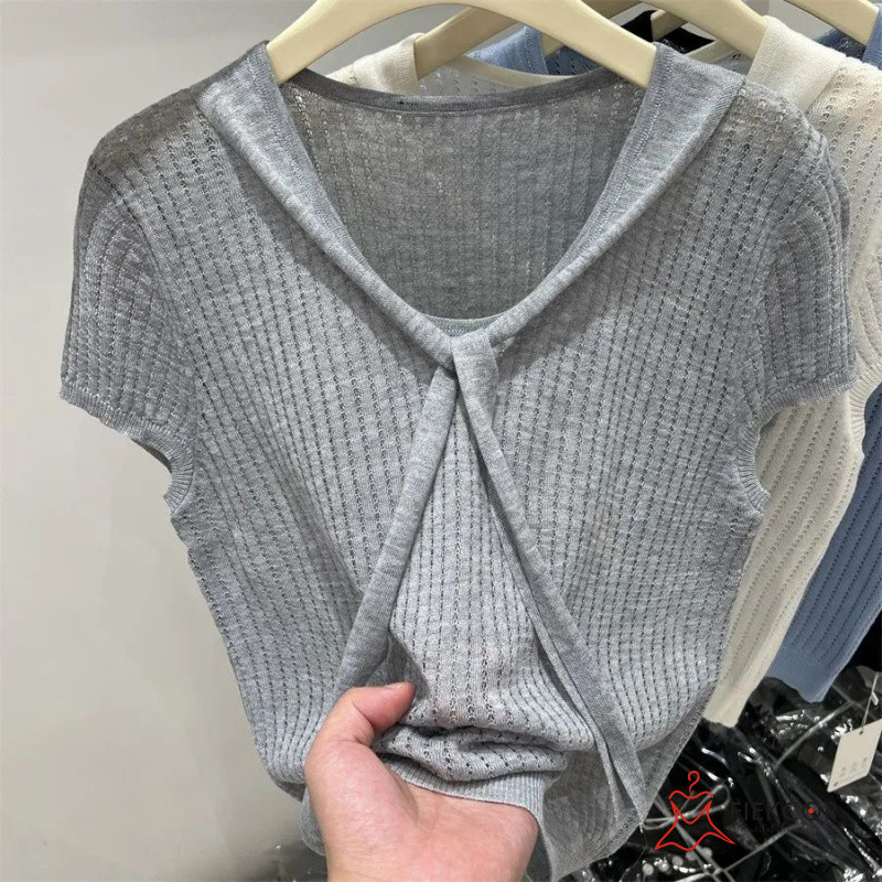 เสื้อยืดแขนสั้นเวอร์ชั่นเกาหลี ออกแบบ laced-up ระบายอากาศได้ดี เหมาะกับ ...