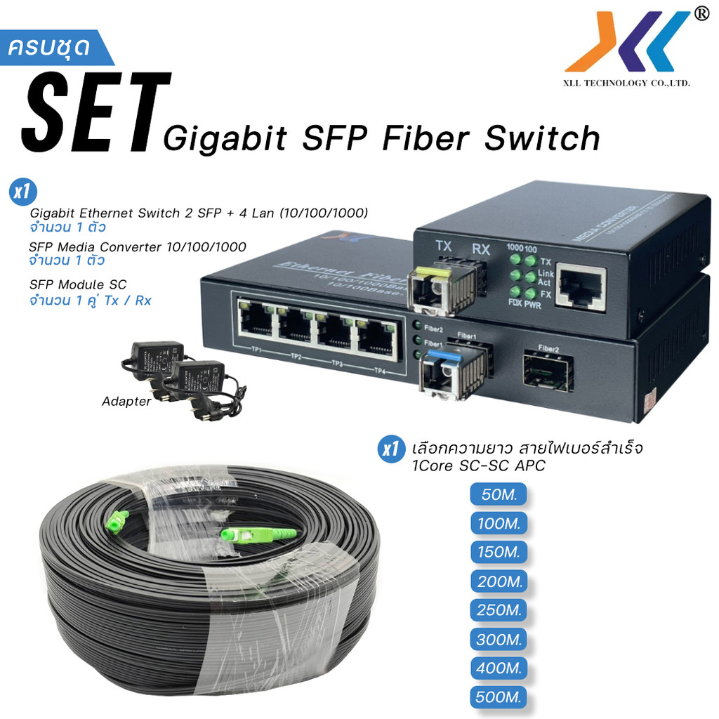 XLL SET Media Gigabit SFP Fiber Switch พร้อมสายไฟเบอร์ SC-SC APC (เลือก ...