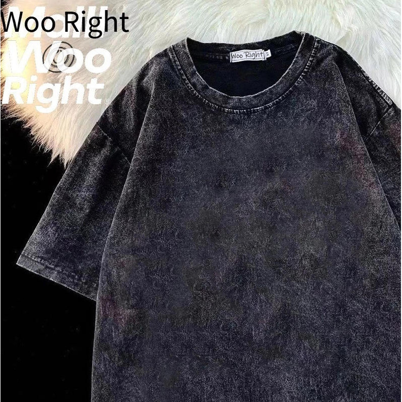 Woo Right  เสื้อยืด เสื้อสีฟอก ใส่ได้ทั้งชาย-หญิง เสื้อสีพื้น ใส่สบาย ทรงหลวม oversize สีดำ แฟชั่น 3xl