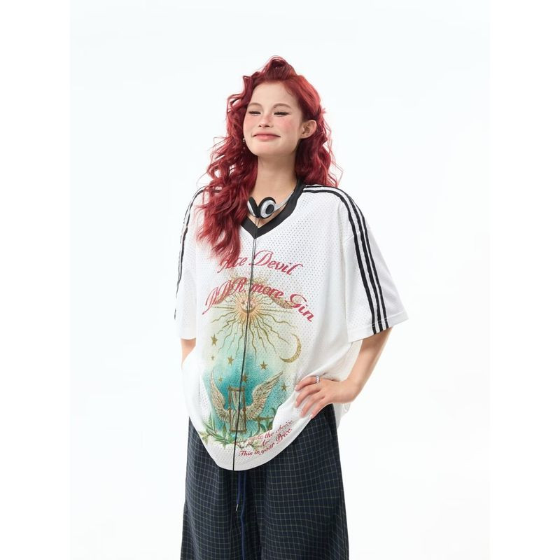 เสื้อยืดแขนสั้น EERSHENSHI สไตล์กราฟฟิตี้และชิคๆแบบอเมริกัน