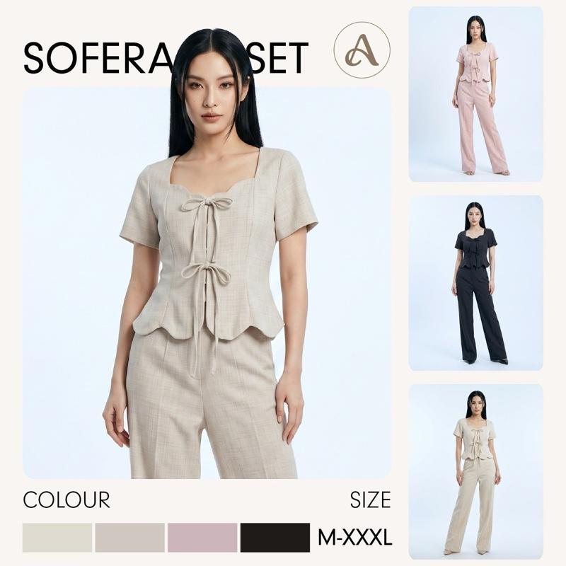 Sofera Set ชุดเซตโบว์หยักคอเหลี่ยมขายาวAN319 | Shopee Thailand