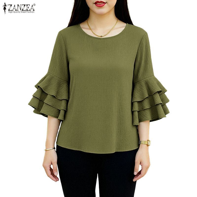 ZANZEA เสื้อเบลาส์ผ้าคอกลม ลายเส้นสามส่วนตระกอน แฟชั่นเกาหลีสำหรับใส่ ...