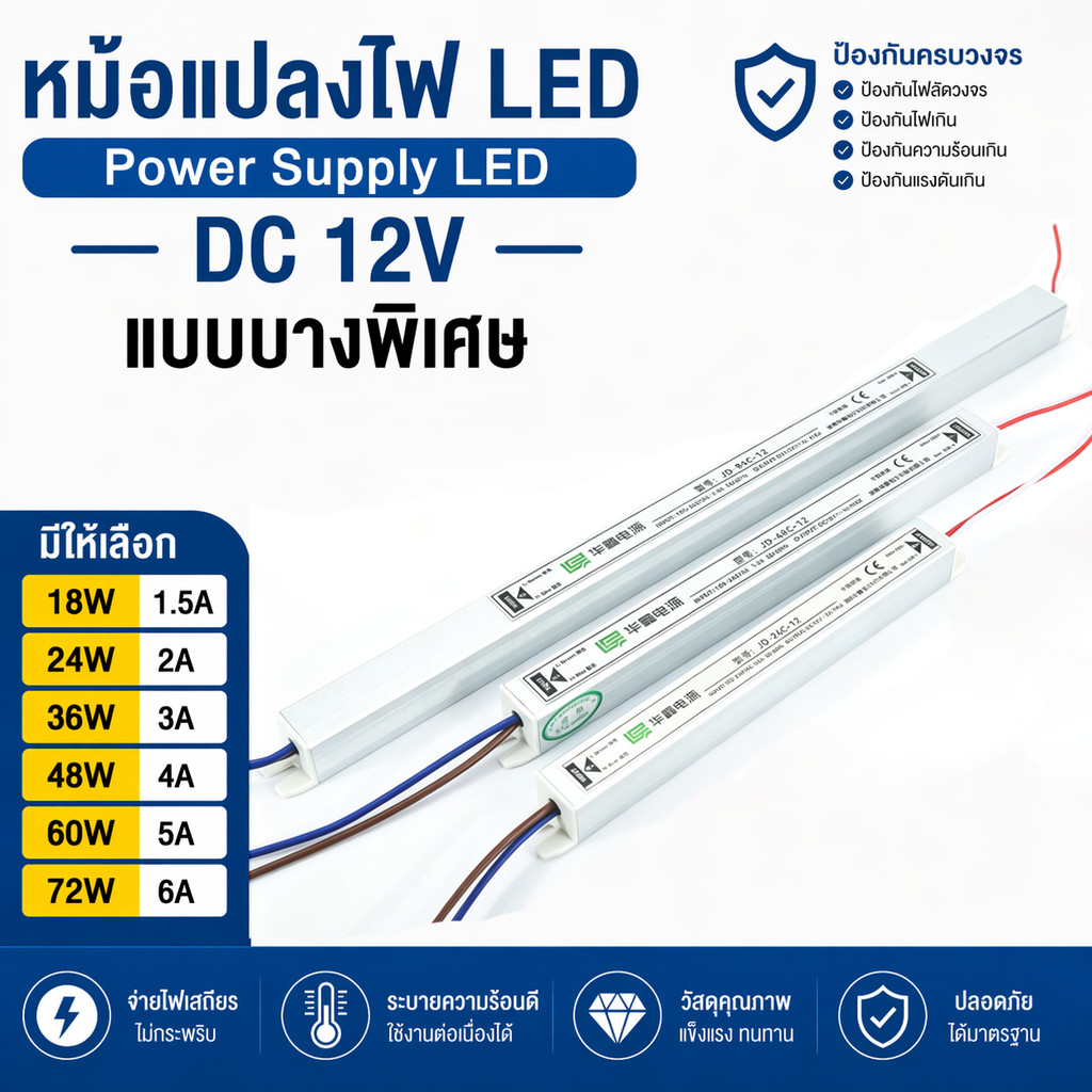 Power Supply LED DC 12V 18w 24w 36w 48w 60w 72w แบบบางพิเศษ หม้อแปลงไฟ ...