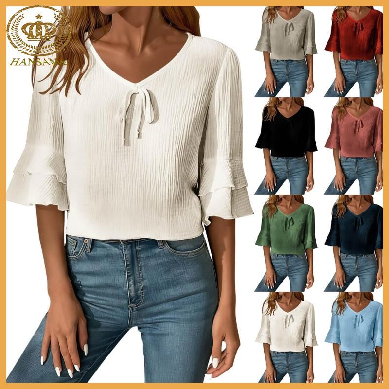 HAN ผู้หญิงแฟชั่นเสื้อโพลีเอสเตอร์ V คอออกแบบ Feature Layered Sleeves ...
