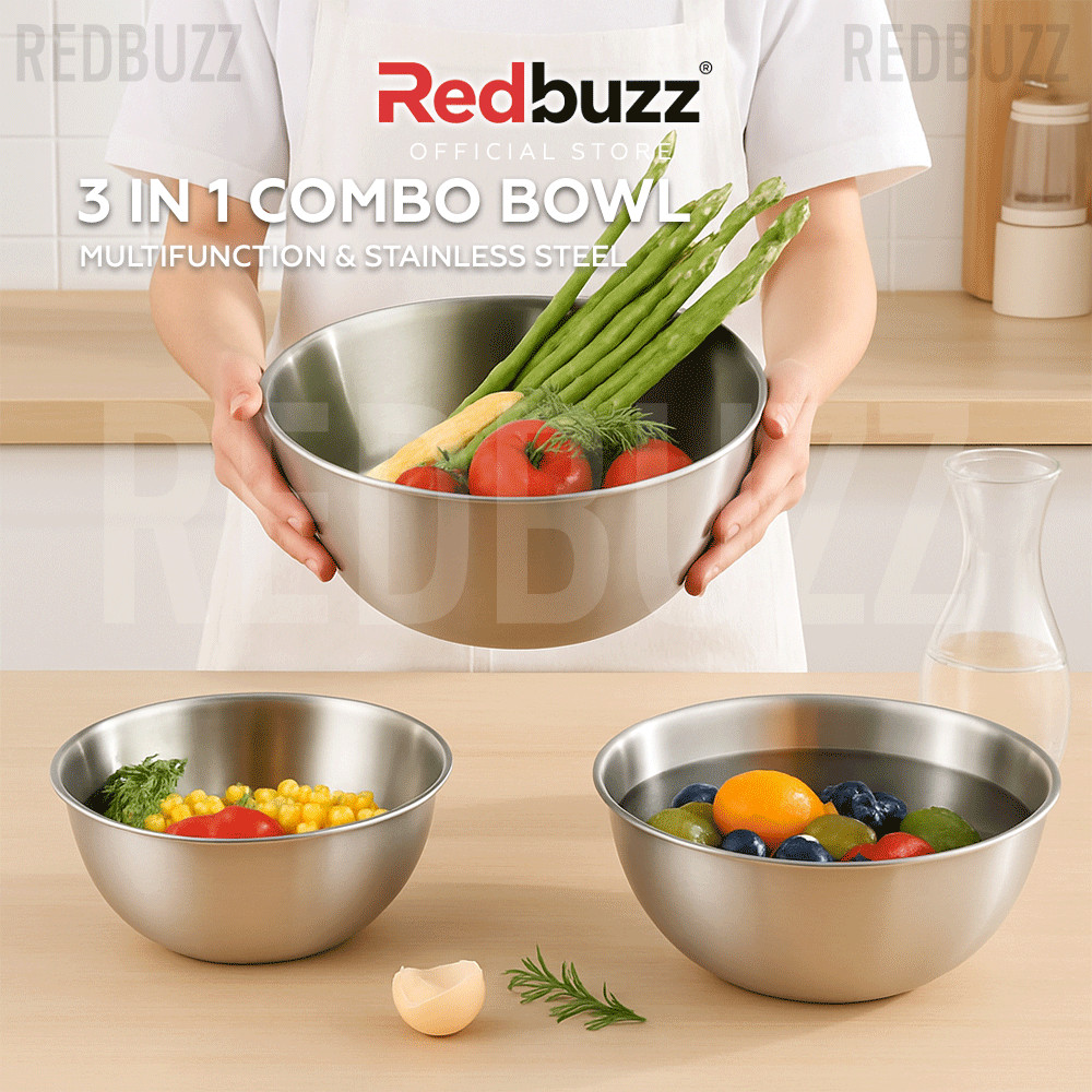 REDBUZZ 3 in1 ชามสแตนเลสชุดชามในครัว Bakeware Mangkuk Pengadun Keluli ...