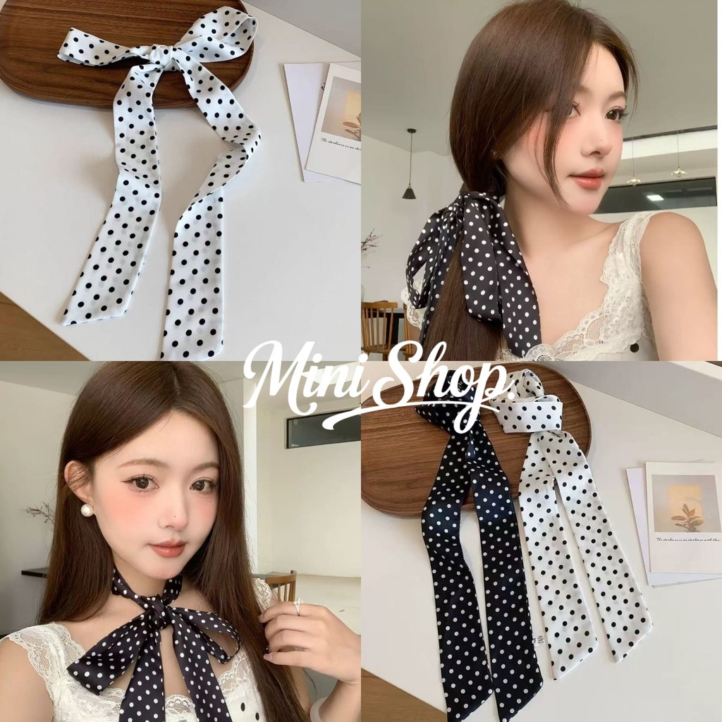 Mini shop🌸พร้อมส่ง🌸(VO-56)ริบบิ้นผูกผม นำมาใช้ได้หลายแบบ สีดำลายจุด ...