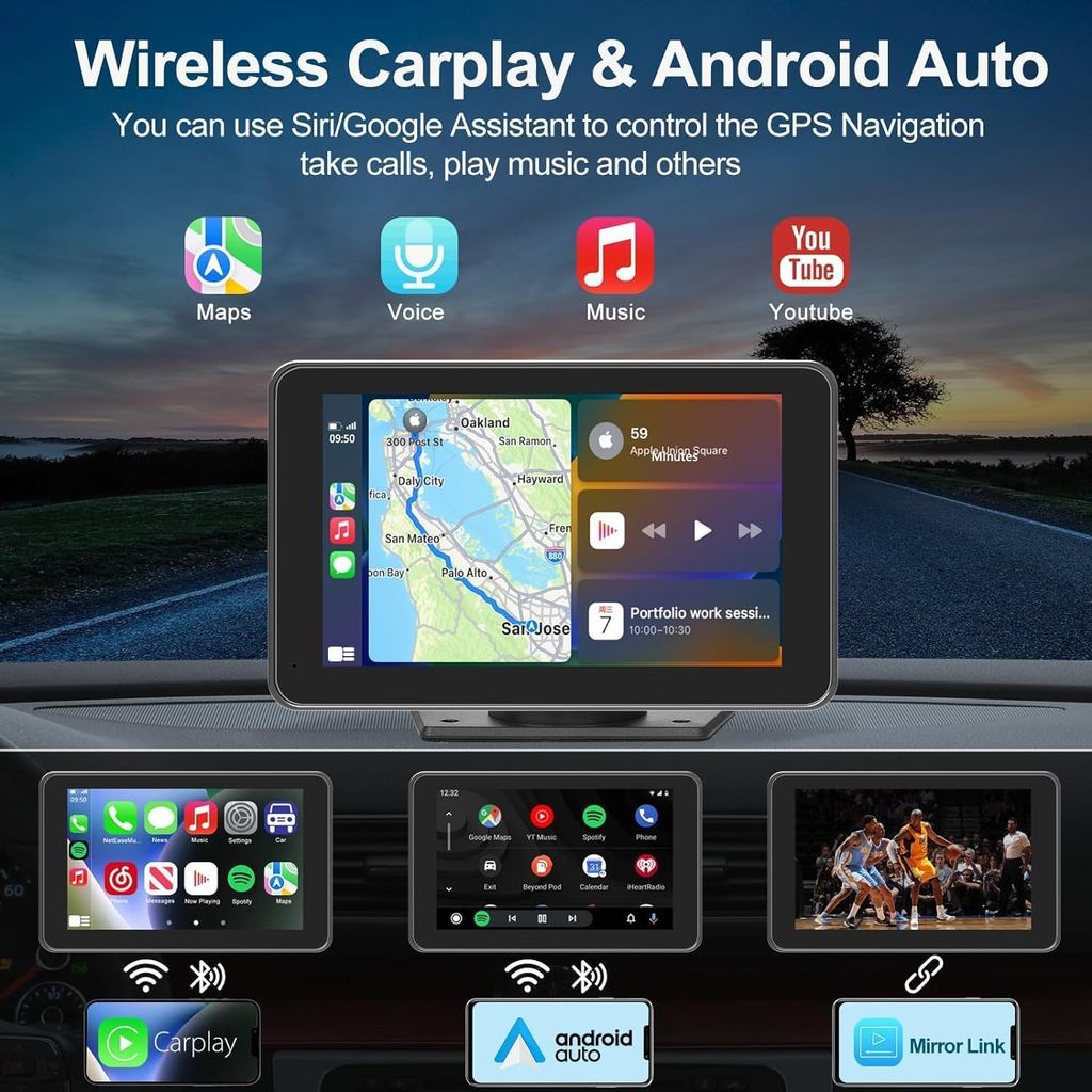 Portable for Apple Carplay/Android Auto Screen for Car, 7 Inch HD Touch ...