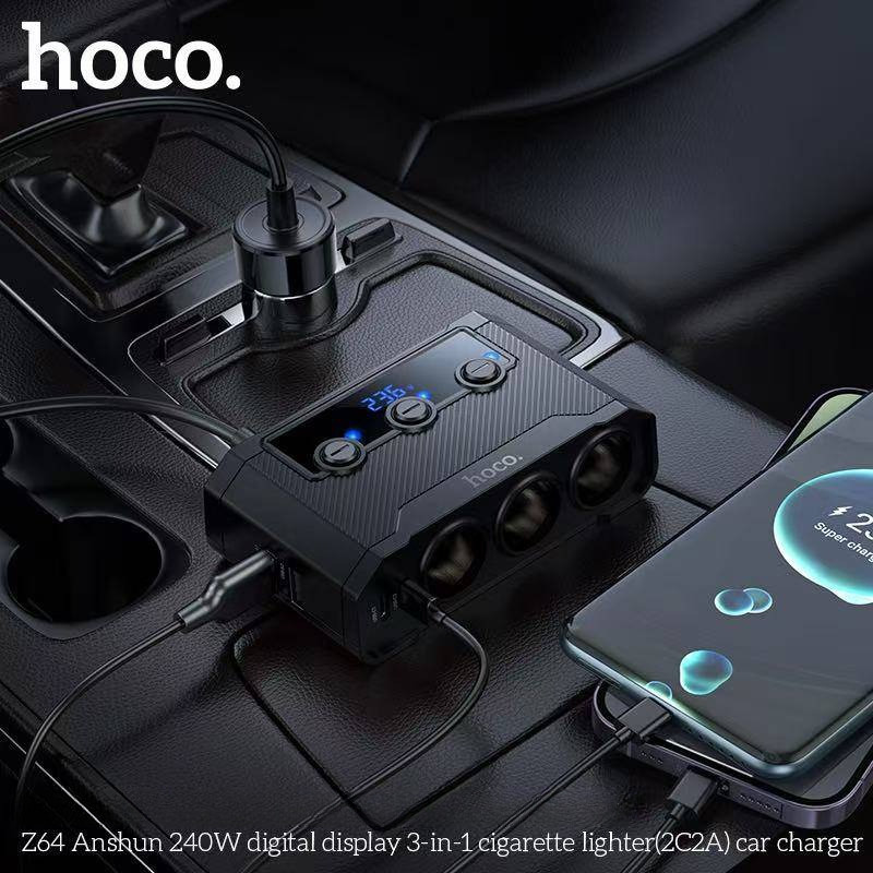 HOCO Z64 หัวชาร์จในรถ 240W พร้อมหน้าdigital 3 ช่องจุด + 4 ช่องชาร์จ (2 ...