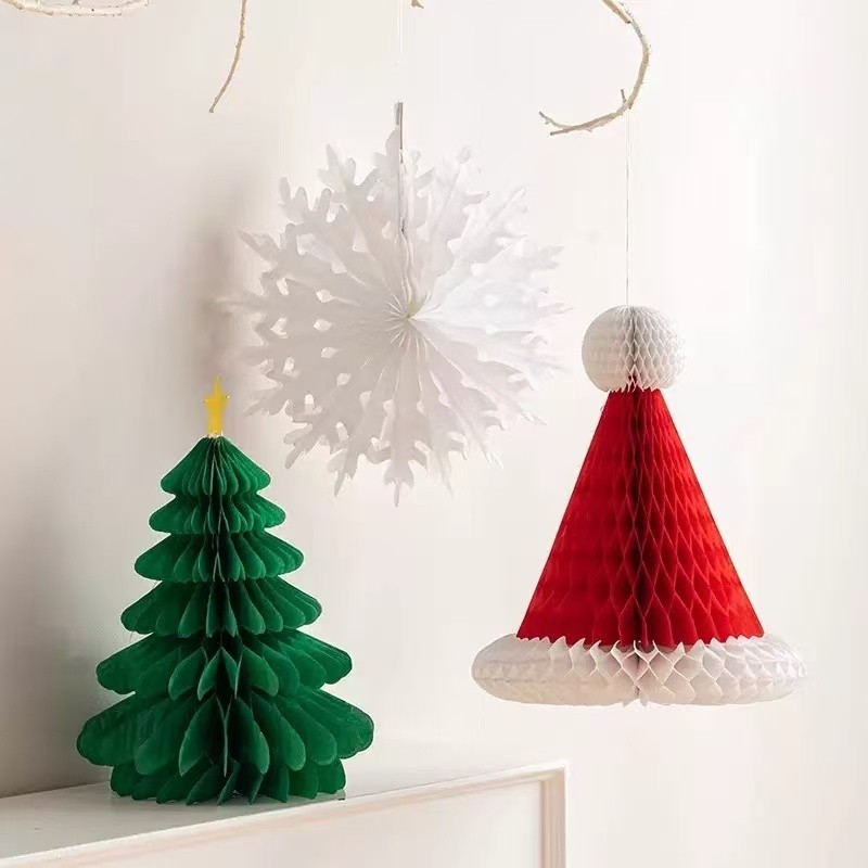🎅🏻2026 DIY จี้กระดาษ รูปรังผึ้ง สีแดง แบบพับได้ ต้นคริสต์มาสตกเเต่ง สําหรับแขวนตกแต่งคริสต์มาส ห้องนอน