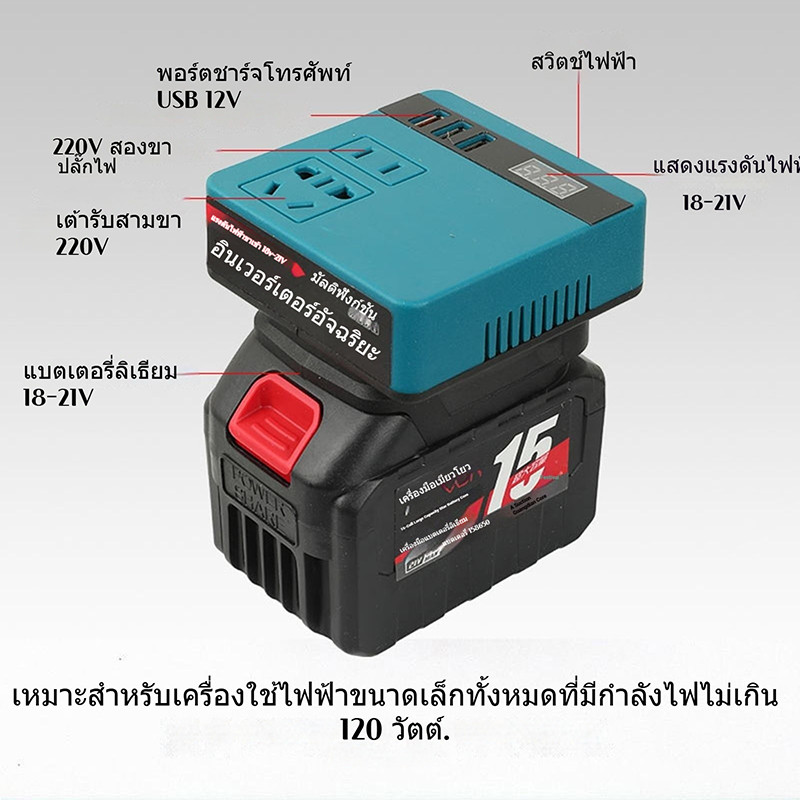 Cordless 120W แบบพกพา Mini Power Inverter 3 พอร์ต USB DC 18V To DC 220V ...