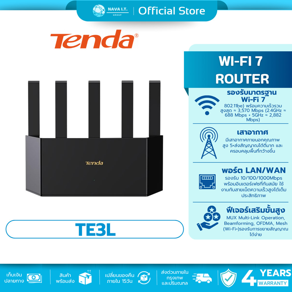 TENDA TE3L Wi-Fi 7 Dual-band Gigabit BE3600 Router รับประกัน 4 ปี ...