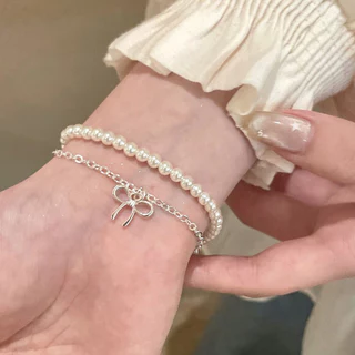 โปรโมชั่น Flash Sale : COD-ในไทย💖สร้อยข้อมือโบว์ ไข่มุก สองชั้น ประณีตไฮเอนด์ ผู้หญิงที่ แฟชั่น ของขวัญวาเลนไทน์ ปรับขนาดได้-Kri