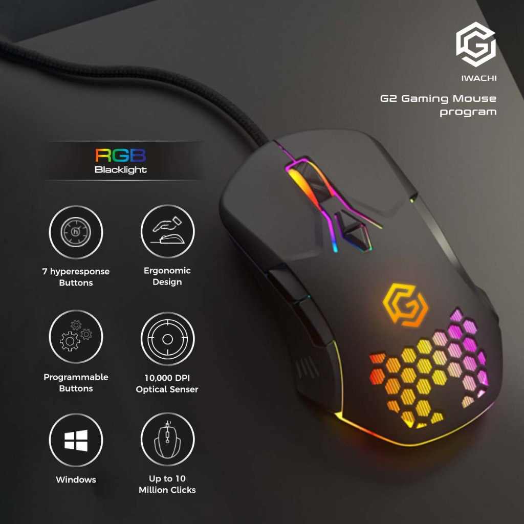 เมาส์เกมมิ่ง แท้ IWACHI Gaming Mouse G2 Gaming Gear Series เมาส์แบบมีสาย ระบบออปติคัลเซนเซอร์ พร้อมไฟRGB