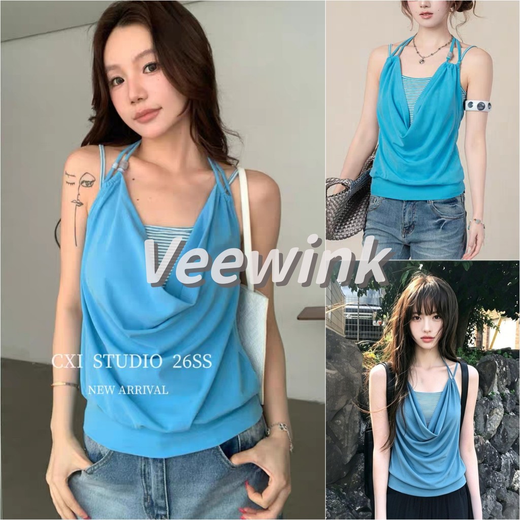 Veewink  เสื้อสีฟ้าผู้ใหญ่ เสื้อสีฟ้าผู้หญิงน่ารักๆ เสื้อเกาะอกสองชั้น คอเดรป ผูกคอ สีฟ้าดีไซน์เก๋ ดีไซน์เก๋ แขนกุด