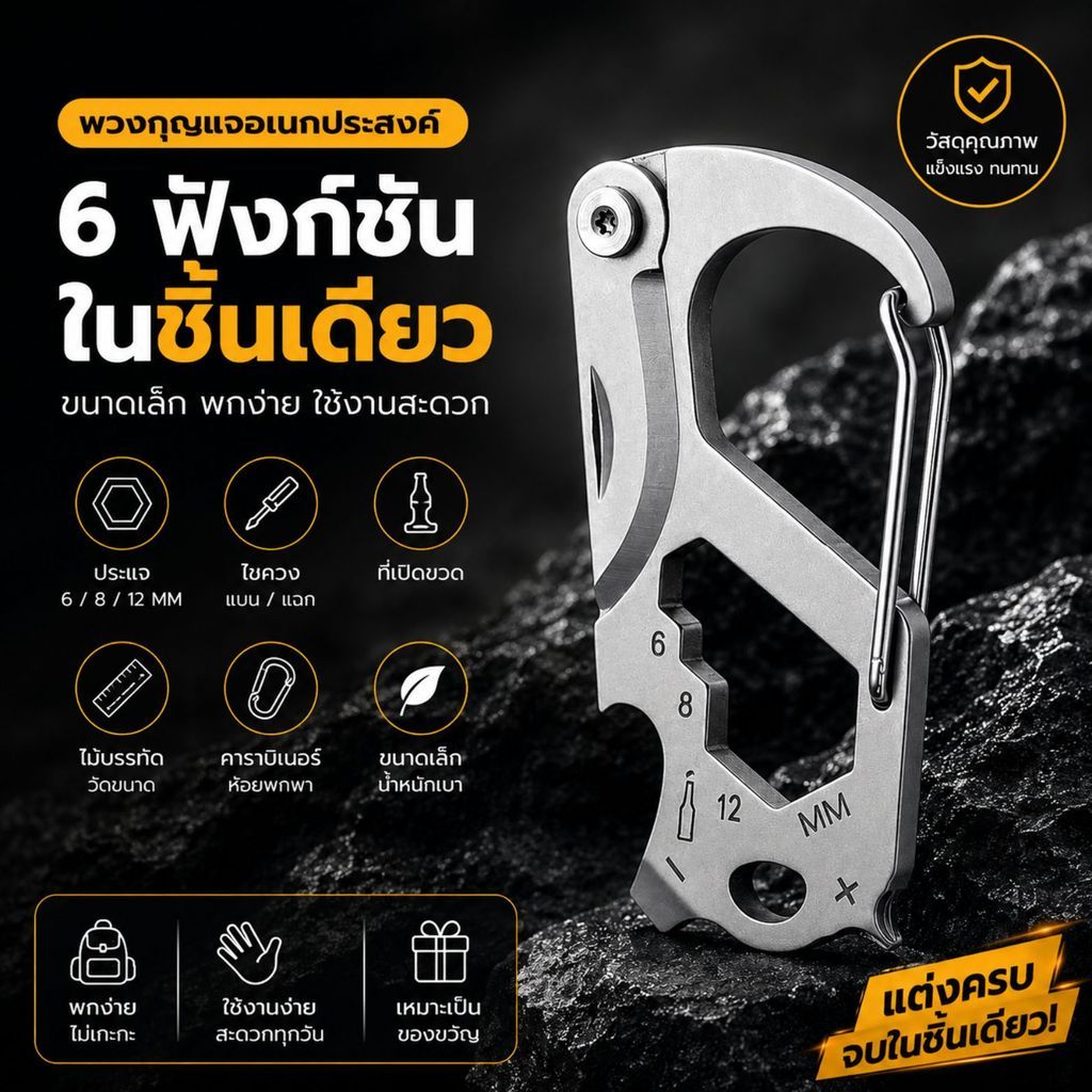 พวงกุญแจอเนกประสงค์ Multi Tool ประแจ 6/8/12 มม. ไขควง ที่เปิดขวด คาราบิเนอร์ พร้อมสเกลวัดขนาด พกพาสะดวก