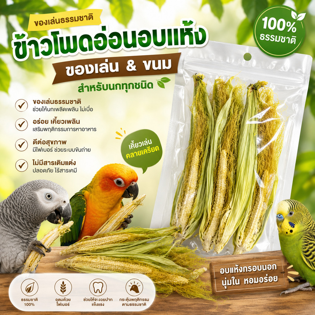 parrot.thailand ข้าวโพดอ่อนอบแห้ง 100% 🌽 ของเล่นและขนมธรรมชาติสำหรับนกทุกชนิด