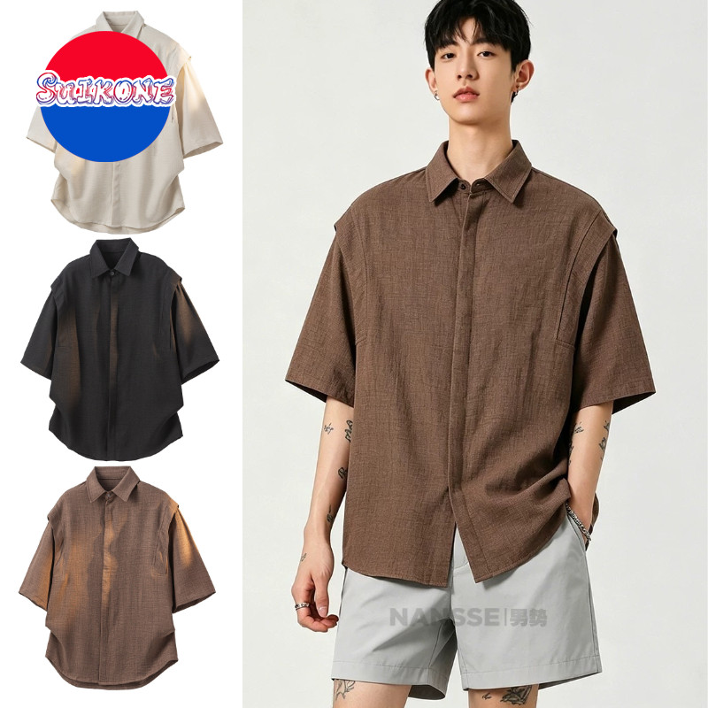 SUIKONE ซุยโคเนะ เสื้อเชิ้ตผู้ชายแขนสั้นญี่ปุ่นสไตล์วินเทจเลียนแบบผ้าลินินคุณภาพสูงเป็นกลาง