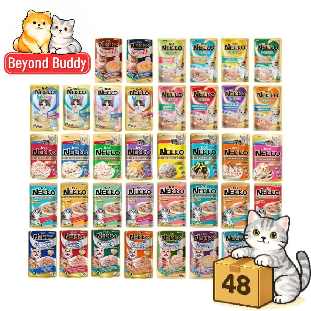 ( ยกลัง 48 ซอง ) Nekko อาหารแมว เปียกแมว เนื้อทูน่าแท้ โดยไม่มีส่วนผสมของเนื้อเทียมและไม่มีสารกันบูด