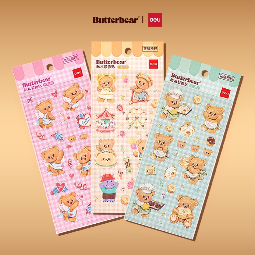 (Deli X Butterbear) สติกเกอร์ สติกเกอร์กันน้ำ สติกเกอร์หมีเนย บัตเตอร์แบร์ (คละสี/ลาย 3 สี)