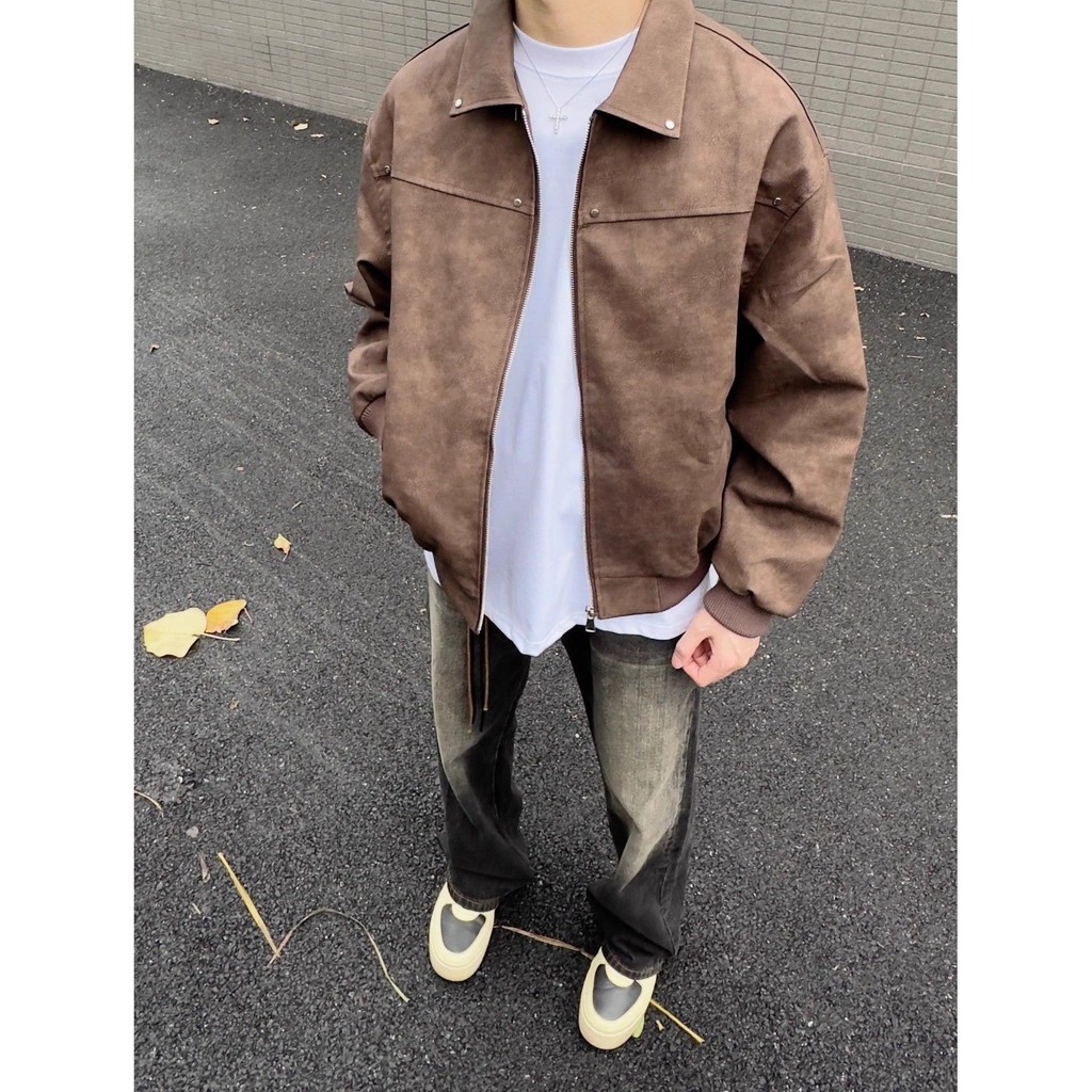 ฤดูใบไม้ร่วง Ruffian หล่อทอด Street Street สวมใส่หลวมสีทึบ pu หนังแจ็คเ ...