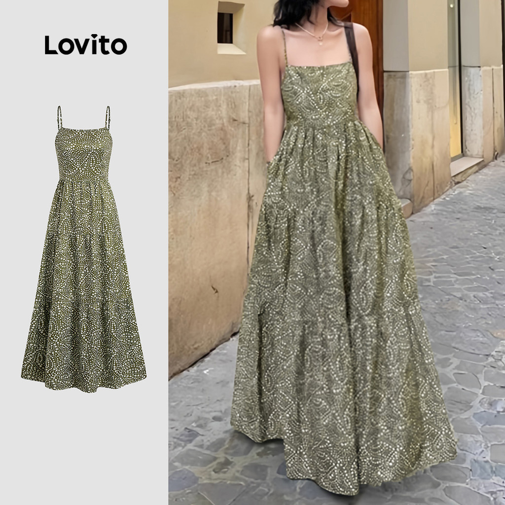 Lovito วันหยุด เดรสโบฮ็อว์รัลเฟิลชายเสื้อไหล่ปรับได้เดรสฤดูใบไม้ผลิ/ฤดูร้อน L137ED320
