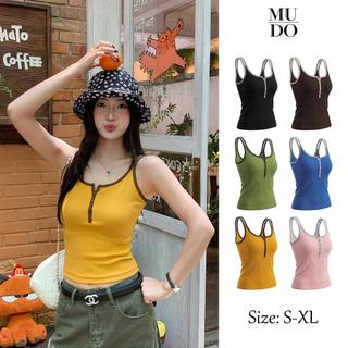 MUDO Áo ba lỗ một dây màu cắt nổi bật, phong cách Hàn Quốc ngọt ngào, gợi cảm, cổ tròn có nút, dáng ôm tạo vẻ thon gọn, vải đan mềm mại, thoải mái, che đi phần nội #1010