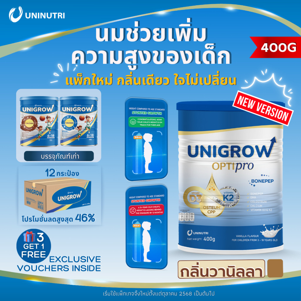 🇹🇭Unigrow Optipro นมยูนิโกรว์ ผสมแคลเซียม รสวานิลลา เพิ่มความสูง และ ...