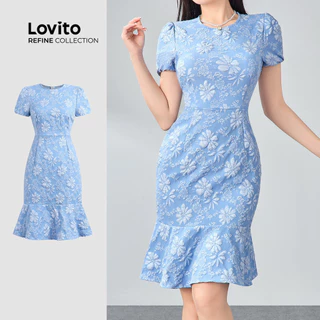 (Lovito Refine) ชุดเดรสสีฟ้าเรียบหรูพร้อมซิปสำหรับฤดูใบไม้ผลิ/ฤดูร้อนสำหรับผู้หญิง LR11ED001