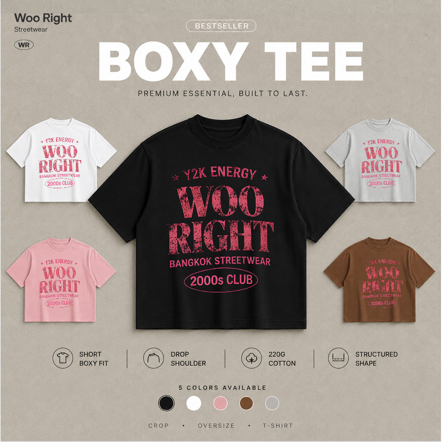 COD จัดส่งตลอด 24 ชั่วโมง Woo Right  Boxy crop tee Boxy Cropped T-Shirt Y2K ENERGY WOO RIGHT BANGKOK