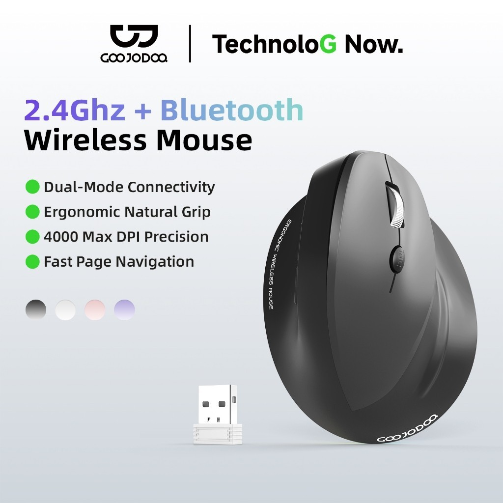 GOOJODOQ Vertical Mouse 4000DPI Ergonomic Wireless MouseSilent Click 2.4G/Bluetooth For PC Laptop