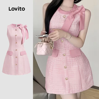 Lovito ชุดเดรสเรียบหรูสีบล็อกติดกระดุมหน้าโบว์ฤดูร้อน/ฤดูใบไม้ผลิสำหรับผู้หญิง L132ED695