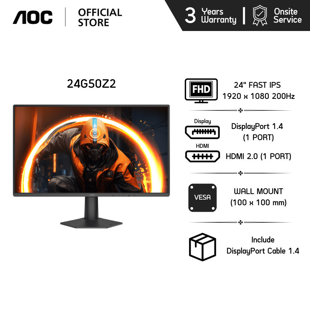 AOC 24G50Z2 GAMING MONITOR (เกมมิ่งมอนิเตอร์) 23.8″ Fast IPS FHD 200Hz (260Hz)