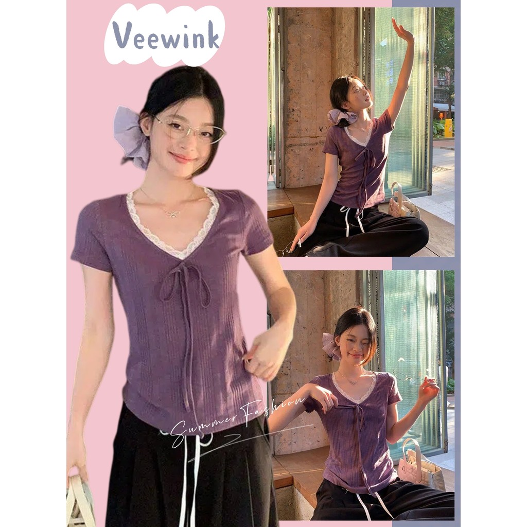 Veewink เสื้อยืดคอวีลูกไม้ผูกเชือก ไหล่ตรงเข้ารูป เกาหลีเซ็กซี่ ลดน้ำหนัก แมทช์ง่าย