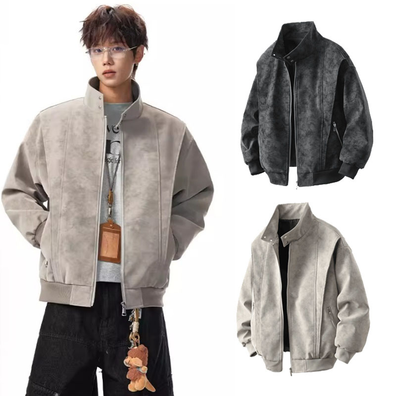EERSHENSHI เสื้อแจ็คเก็ตผู้ชายฤดูใบไม้ผลิ PU หนังยืนปกซิปชุดเบสบอล