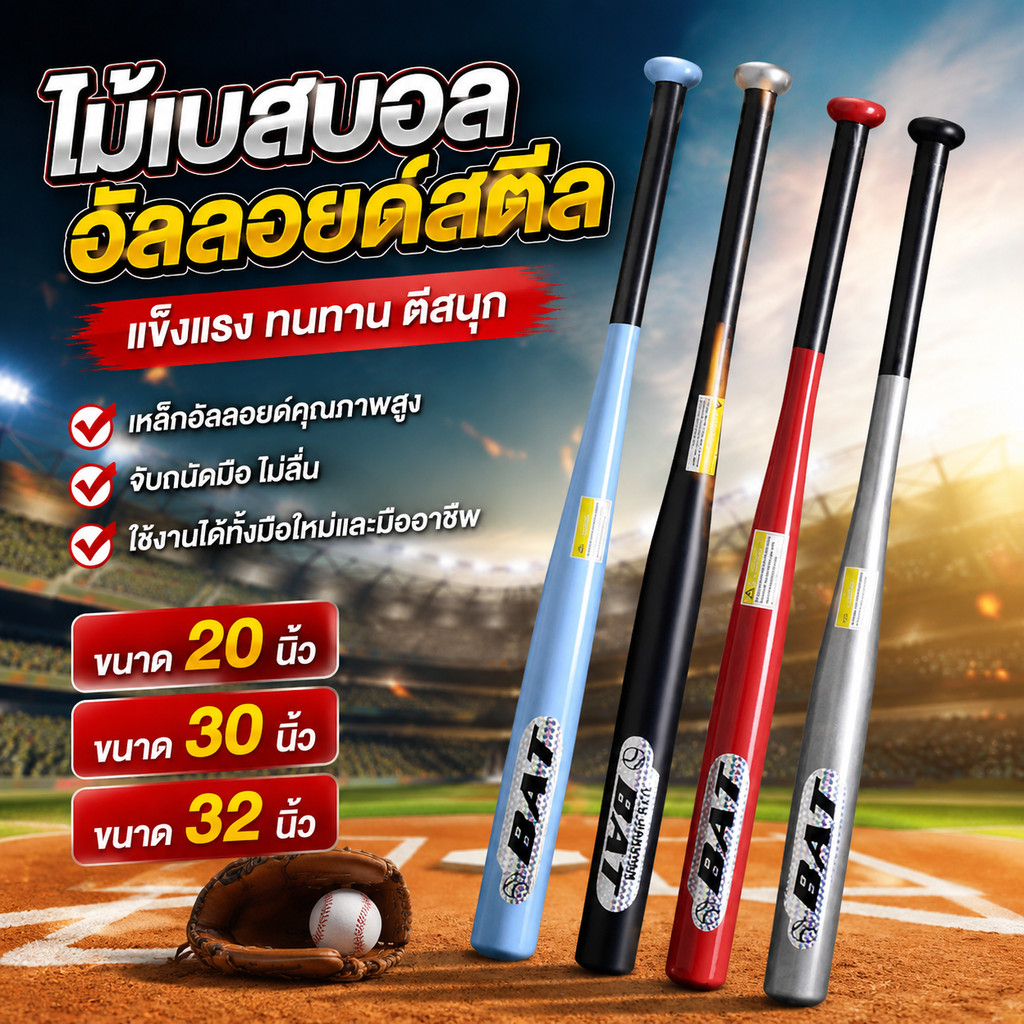 ไม้เบสบอลอลูมิเนียมโลหะผสมความแข็งสูง 21‑32 นิ้ว หนา ชุบแข็งทนทาน สำหรับซ้อมกีฬา ป้องกันตัว แถมกระเป๋าเก็บฟรี