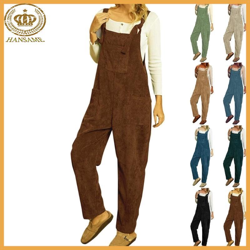 HAN ผู้หญิง Corduroy Overalls ขากว้างแขนกุด พร้อมกระเป๋า ใส่สบายสำหรับ ...