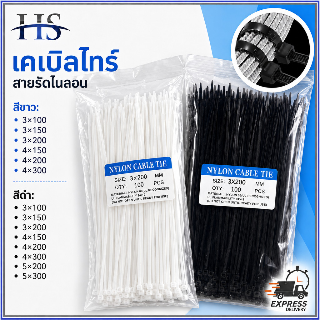 เคเบิ้ลไทร์ Cable Tie 100เส้น 4/6/8/12นิ้ว สีขาวดำ สายรัดไนล่อน หนวดกุ้ง สายรัดสายไฟ  ล็อคแน่นไม่หลุด