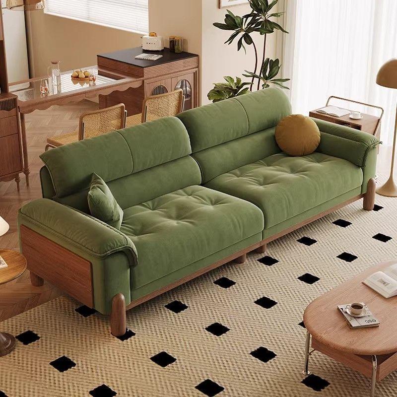 Nordic style cloud-shaped sofa, straight three-seater fabric sofa, living room solid wood sofa set