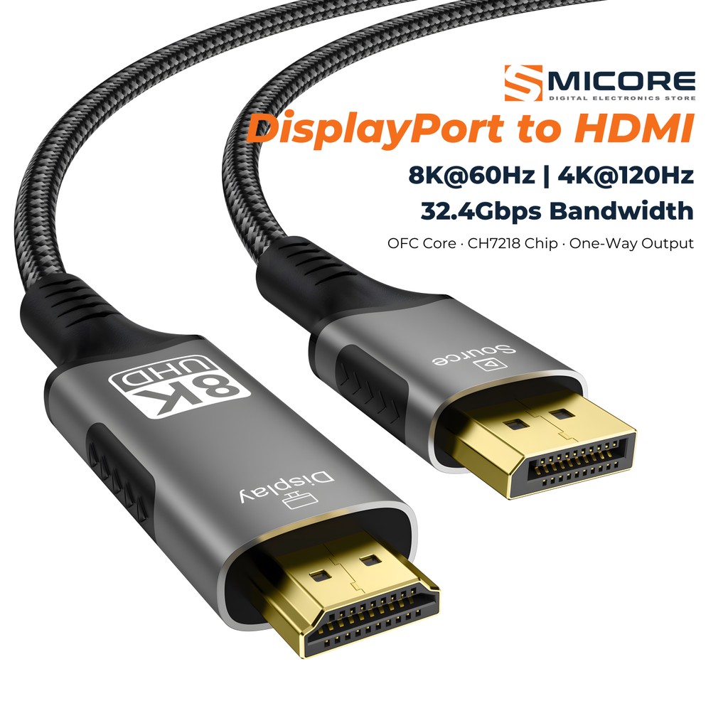 8K DisplayPort 1.4 Male to HDMI 2.1 Male Conversion Cable 8K @ 60Hz/4K ...