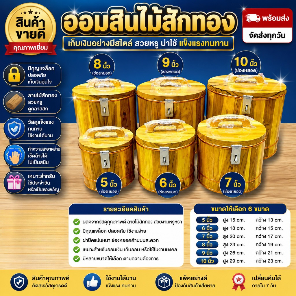 กระปุกออมสินไม้สักทองแท้ มีหูหิ้ว พร้อมที่ล็อคกุญแจ ขนาด 5-10 นิ้ว กล่องออมเงินไม้สัก ของขวัญมงคล
