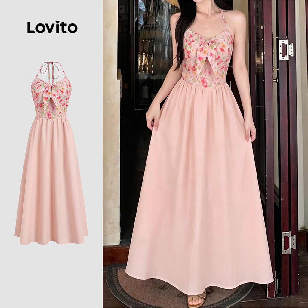 Lovito เดรสโบฮีเมียน 2in1 ปลอม เดรสสีชมพูฤดูใบไม้ผลิ/ฤดูร้อน สําหรับผู้หญิง L198ED1028