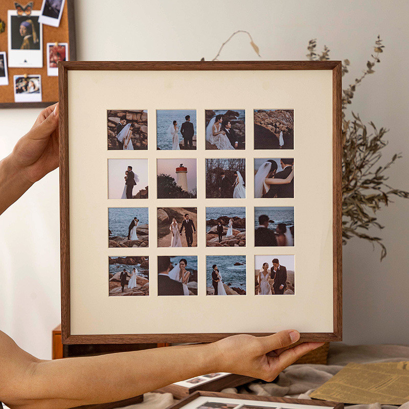 กรอบรูปหลายช่องพร้อมข้อต่อแบบมอร์ทิสแอนด์เทนนอน ทำจากไม้วอลนัทสีดำ ติดผนัง สำหรับพิมพ์รูปภาพและทำเป็นกรอบรูปสำหรับตั้งโชว์ เหมาะสำหรับรูปภาพเด็กและรูปภาพแต่งงาน กรอบรูปแบบหลายช่อง
